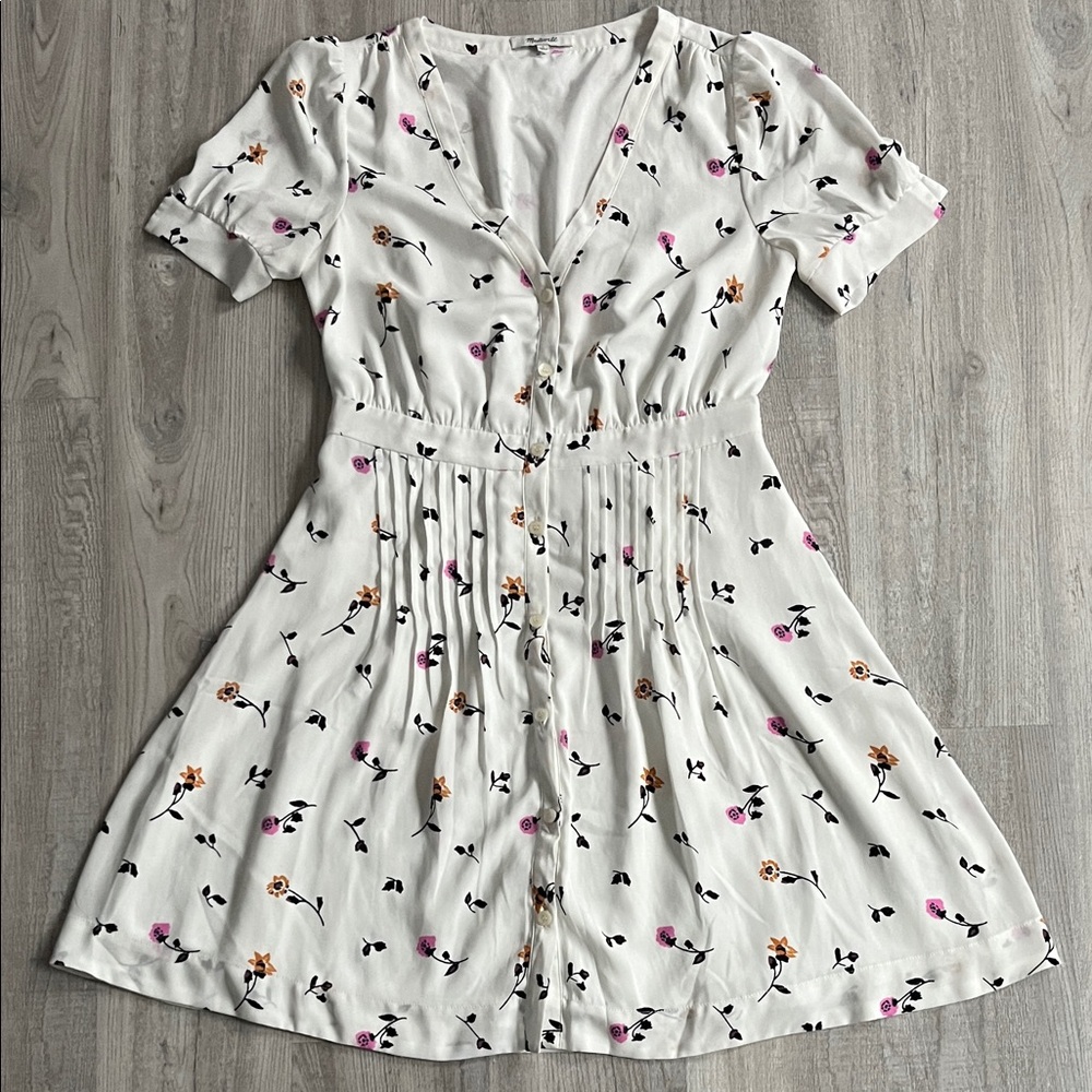 Madewell White Floral Mini Dress Short Sleeve V-neck Buttons